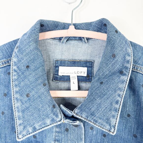 LOFT Collared Long Sleeve Polka Dot Denim Jacket Stretch Size Large L Preppy - Picture 3 of 12